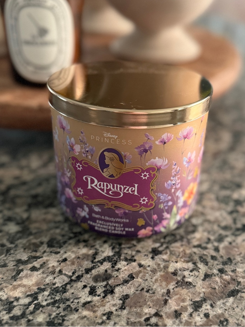 Bath & Body Works Rapunzel Scented Candle - Purple & Gold Floral Tin 3 wick